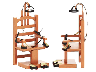 Wooden Restraint Chairs Featuring Straps Hanging Rings And Footrests Structure 3d model