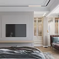 Luxury Modern Bedroom With White Headboard Gray Bedding Pink Bench And Striped Headboard Wall