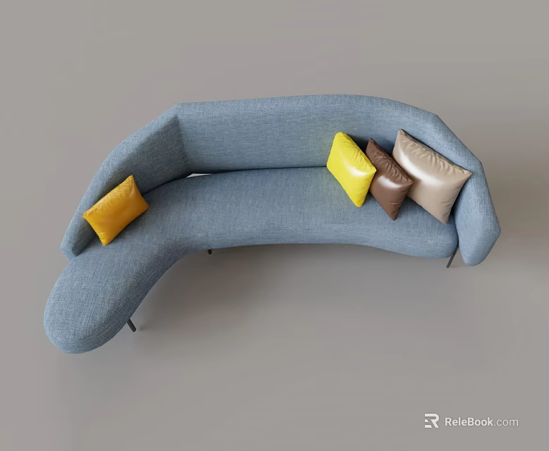 Modern Curved Blue Sectional Sofa With Colorful Cushions And Metal Legs 3d model 