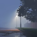 Scenic Evening Landscape With White House Wooden Fence Street Lamps Wet Ground And Foggy Atmosphere