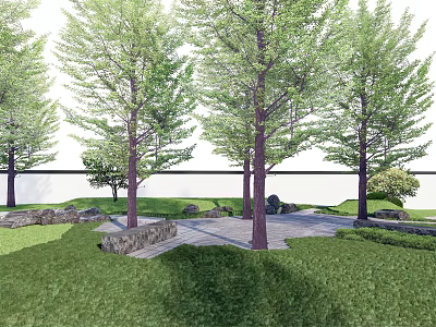Lush Courtyard Garden With Tall Green Trees Lush Grass Stone Accents And Paved Pathway 3d model
