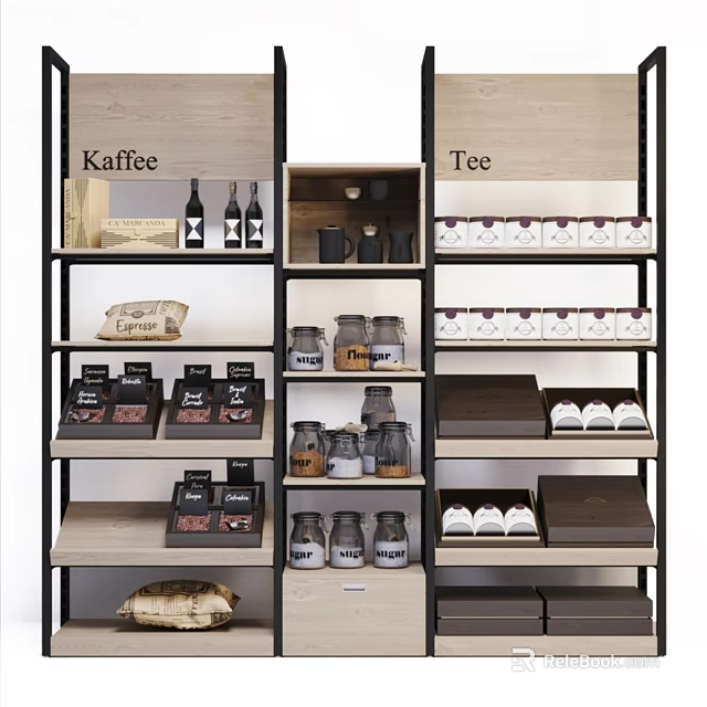 Organized Multi Tiered Storage Shelving With Coffee Tea Jars And Containers 3d model 