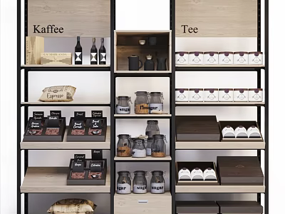 Organized Multi Tiered Storage Shelving With Coffee Tea Jars And Containers 3d model