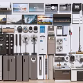 Diverse Collection of Modern Household Appliances Including Refrigerators Washing Machines Air Conditioners Fans and Microwaves
