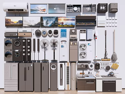 Diverse Collection of Modern Household Appliances Including Refrigerators Washing Machines Air Conditioners Fans and Microwaves 3d model