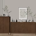 Wooden Console Table And Side Cabinet Modern Natural Interior With Drawers Decorative Plants Vase Artwork