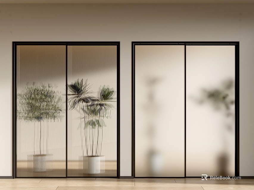 Modern Black Frame Sliding Doors Design With Striped Frosted Glass And Indoor Plants 3d model 