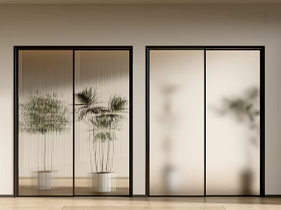 Modern Black Frame Sliding Doors Design With Striped Frosted Glass And Indoor Plants 3d model