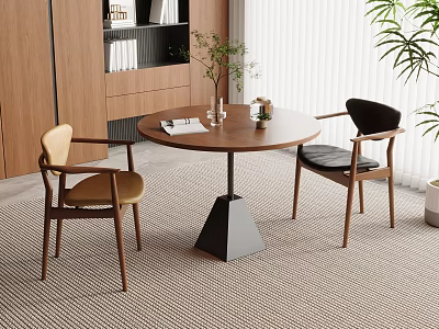 Modern Minimalist Dining Area With Round Wooden Table Two Chairs Vase And Potted Plant 3d model