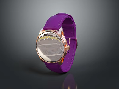 Purple Leather Strap Watch With Round Dial And Golden Bezel Design 3d model