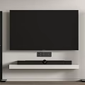 Modern Wall Mounted TV With Black Floor Standing Speakers And White Shelf Audio Equipment