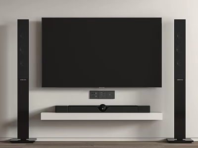 Modern Wall Mounted TV With Black Floor Standing Speakers And White Shelf Audio Equipment 3d model