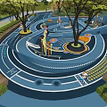 Fun Children's Play Area With Curved Blue Track And Kids Playing Surrounded By Trees