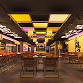 Spicy Theme Hotpot Restaurant Interior Featuring Colorful Square Ceiling Hanging Lanterns And Metal Tables