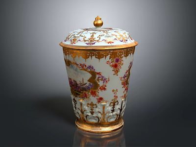 Elegant Porcelain Decorative Jar With Gold Trim And Floral Landscape Patterns 3d model