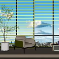 Cozy Interior Space With White Window Blinds Green Armchair Vintage Appliances And City View