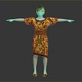 Woman in Yellow and Black Patterned Dress with Short Hair and Outstretched Arms