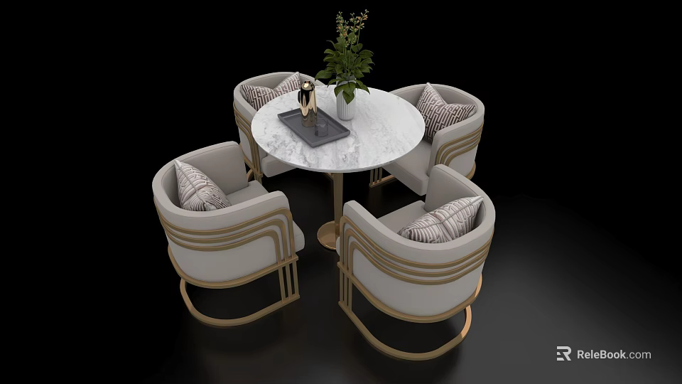 Elegant Round Negotiation Table With Marble Top Beige Chairs Gold Frame And Green Plant 3d model 