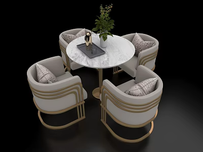 Elegant Round Negotiation Table With Marble Top Beige Chairs Gold Frame And Green Plant 3d model
