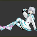 Anime Creature Character With White Hair Turquoise Outfit Striped Socks And Pink Sneakers Sitting Pose