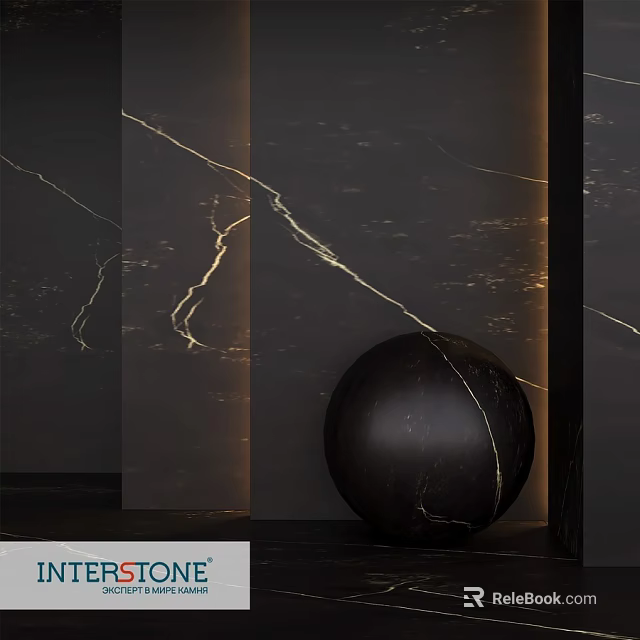 Modern Interior With Black Marble Sphere Wall Panels And Warm Lighting 3d model 