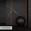Modern Interior With Black Marble Sphere Wall Panels And Warm Lighting