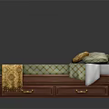 People Resting On Red Wooden Four Poster Bed With Green Checkered Mattress And Yellow Pillow