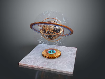 Transparent Sphere Featuring Ring Structure Earth Like Planet And Circular Ornament On Marble Base 3d model
