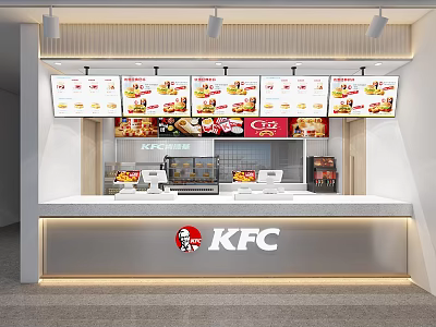 Modern KFC Restaurant Interior With Order Counter Digital Menu Screens And Brand Logo 3d model