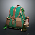 Green Outdoor Backpack With Brown Straps Pockets Small Bottles And Green Leaves Decoration