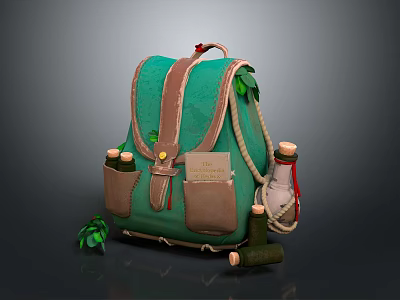 Green Outdoor Backpack With Brown Straps Pockets Small Bottles And Green Leaves Decoration 3d model