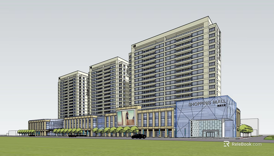 Modern Commercial Street With High Rise Residential Buildings Shops Glass Facades And Green Plants 3d model 