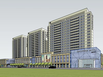 Modern Commercial Street With High Rise Residential Buildings Shops Glass Facades And Green Plants 3d model