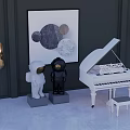 Modern Room With White Piano And Wall Artwork For Musical Instruments And Art Supplies