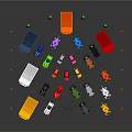 Colorful Toy Cars Various Types Including Trucks And Vehicles With Green Trees And Orange Decorations