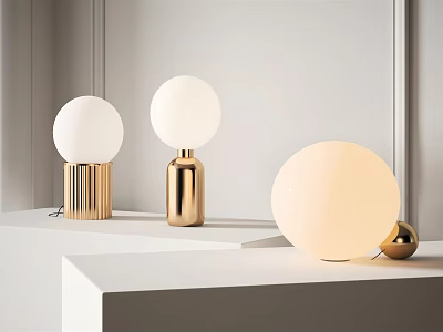 Three Modern Table Lamps With Gold Bases And White Globe Shades On White Tabletop 3d model