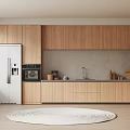 Modern Kitchen Interior With Wooden Cabinets White Refrigerator Gray Backsplash And Round Rug