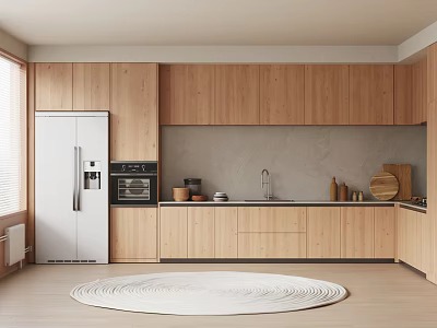 Modern Kitchen Interior With Wooden Cabinets White Refrigerator Gray Backsplash And Round Rug 3d model