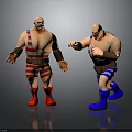 Two Muscular Wrestlers In Striped Outfits With Red And Blue Boots On Reflective Floor