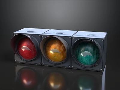 Gray Housing Traffic Light With Red Yellow Green Lights And Reflective Surface 3d model