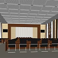 Spacious Conference Room With Perforated Ceiling Wooden Paneling And Arranged Seats