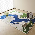 Modern Square Rug with Blue Green Patterns on Wooden Floor and Window Blinds