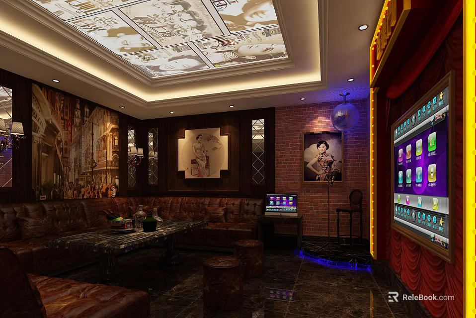 Luxurious KTV Interior Design With Leather Sofa Song Selection Screen Decorative Paintings And Ambient Lighting 3d model 