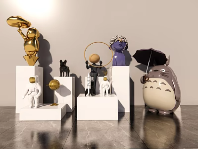 Diverse Sculptures Display Including Golden Cat Astronaut And Totoro On White Pedestals 3d model