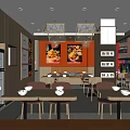 Cozy Restaurant Interior With Wooden Walls Orange Accents Pendant Lights Dining Tables And Menu Posters
