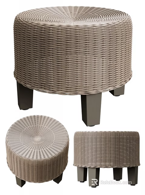 Rattan Sofa Stool With Dark Legs And Round Woven Design For Home Decor 3d model 