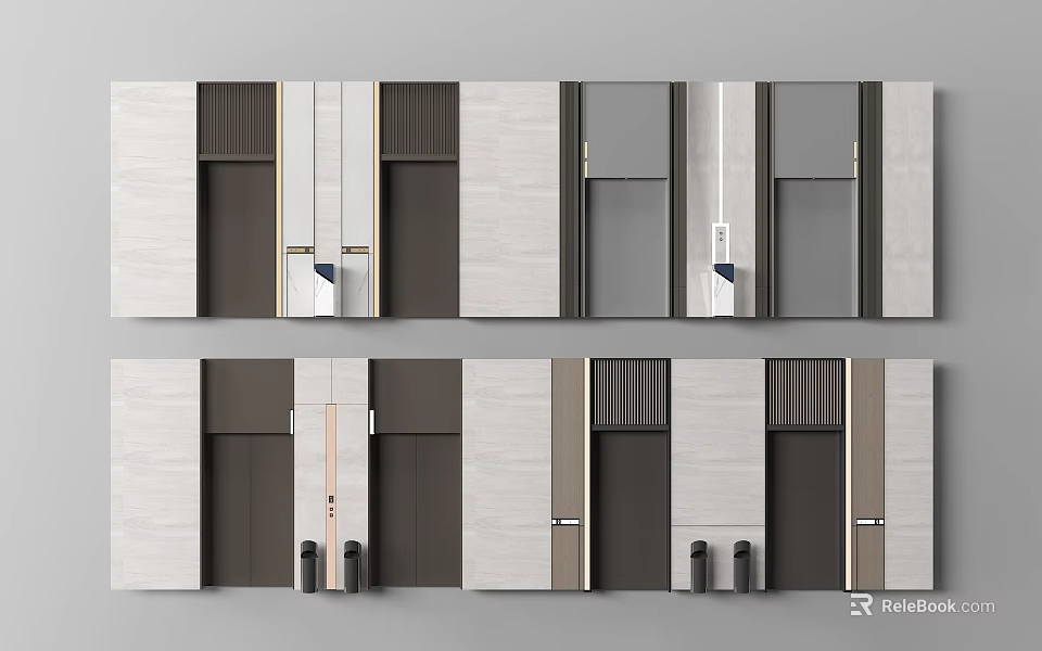 Modern Elevator Hallway Interior With Sleek Wall Panels And Neutral Colored Doors Design 3d model