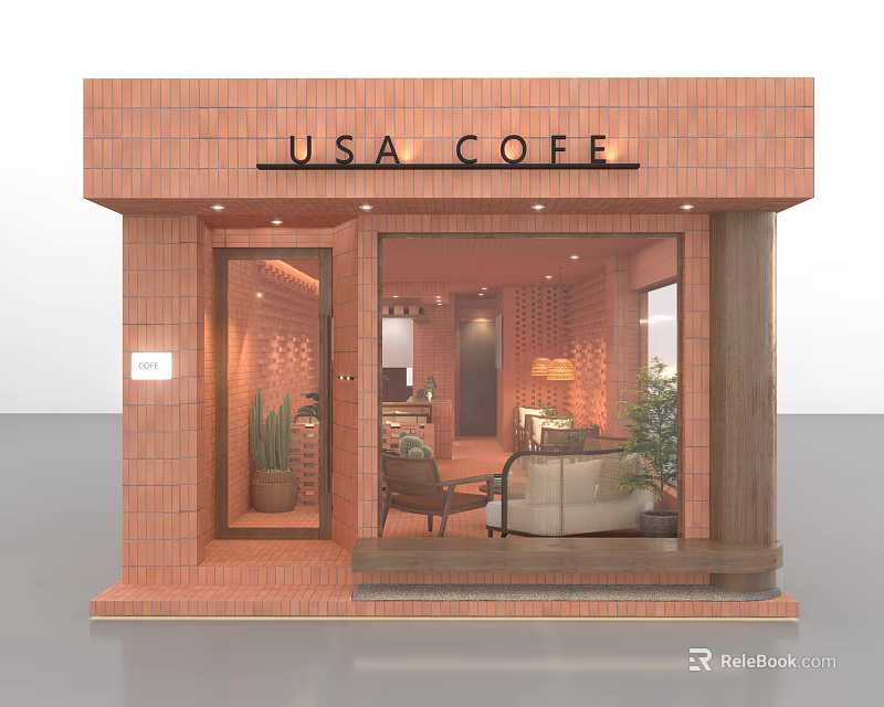 USA COFFE Cafe Exterior With Red Brick Structure Glass Door Windows And Interior Furniture Plants 3d model 