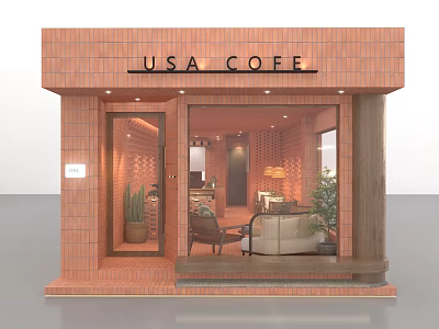 USA COFFE Cafe Exterior With Red Brick Structure Glass Door Windows And Interior Furniture Plants 3d model