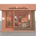 USA COFFE Cafe Exterior With Red Brick Structure Glass Door Windows And Interior Furniture Plants
